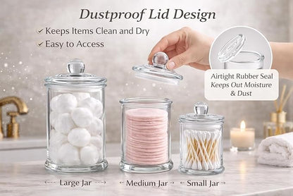 KMWARES 3PCs Set Small Mini Clear Glass Premium Quality Apothecary Jars/Bathroom Storage/Vanity Organizer Canisters for Cotton Balls/Swabs, Makeup Sponges, Bath Salts, Q-Tips (3Jar)