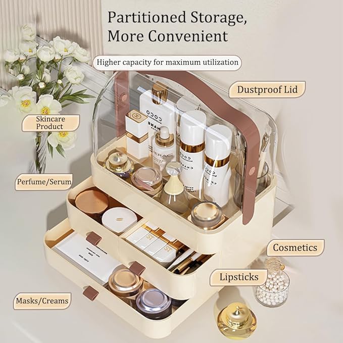 Makeup Organizer, Dustproof Cosmetic Storage Box with Portable Handle & Fully Open Waterproof Lid for Bathroom Countertop Bedroom Dresser(Cream White)