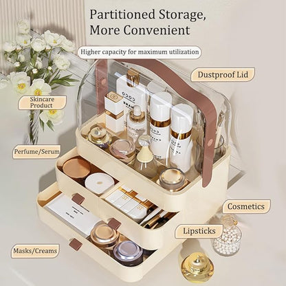 Makeup Organizer, Dustproof Cosmetic Storage Box with Portable Handle & Fully Open Waterproof Lid for Bathroom Countertop Bedroom Dresser(Cream White)