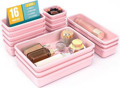 16 PCS Drawer Organizer Set, 4 Size Makeup Drawer Divider Organizer With Non-Slip Pads, Interlocking Plastic Storage Bins for Office,Jewelry Vanity,Gadgets, Bathroom,Kitchen, Pink
