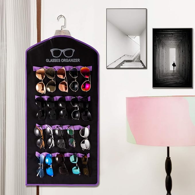 TRIUMPH VISION Black Purple Wall Sunglasses Organizer Storage 20Slots - Hanging Glasse Display Stand Durable Oxford Sunglasses Case