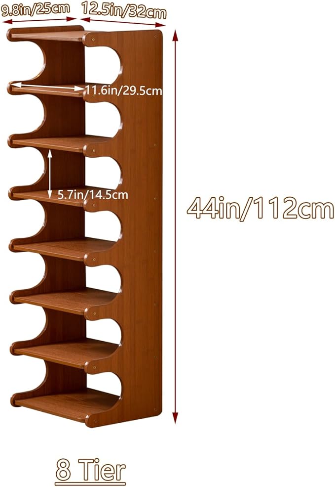 Tall Narrow Solid Wood Shoe Rack, 8 Tier Vertical Shoe Storage Tower, Freestanding Corner Organizer for Small Entryways, Slim Space-Saving Shoe Rack (12.6" L x 9.84" W x 44.1" H)
