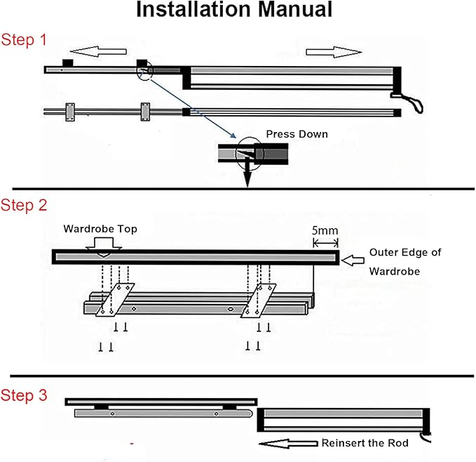 Valet Rod for Closet Pull Out, Adjustable Heavy Duty Steel Clothes Hanger Rail Rack Bar for Pants Coats (397mm/15.6inch)