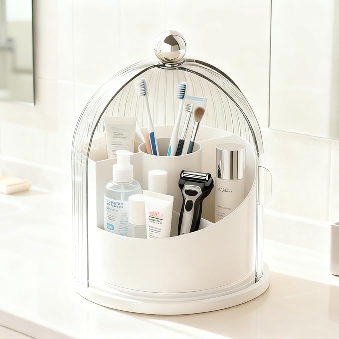 Makeup Brush Holder Organizer with Lid,360° Rotating Makeup Organizer Countertop,5 Compartments Make Up Brush Organizers for Makeup Brushes,Cosmetics,Skincare,Nail Polish,Toothbrush,Dustproof