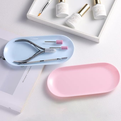 3Pcs Manicure Tools Storage Tray, Oval Plastic Storage Dish Nail Art Accessory Display Trays, Jewelry Rhinestone Organizer Plate, Makeup Cosmetic Nail Decorations Storages Plate（Pink）