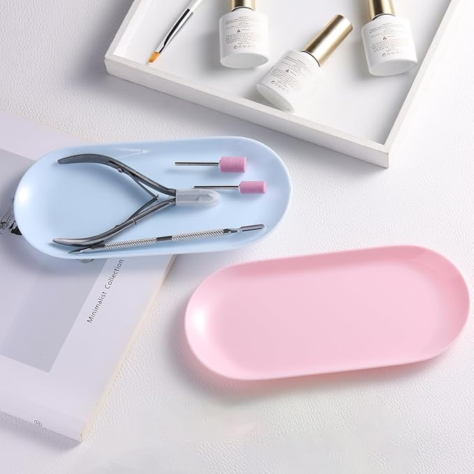 3Pcs Manicure Tools Storage Tray, Oval Plastic Storage Dish Nail Art Accessory Display Trays, Jewelry Rhinestone Organizer Plate, Makeup Cosmetic Nail Decorations Storages Plate（Blue）