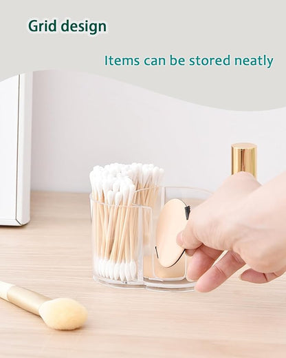 2-in-1 Cotton Round Holder & Cotton Swab Holder - Clear Plastic Bathroom Vanity Organizer, Shatterproof Apothecary Jar for Cotton Pad, Cotton Balls, Floss Picks, Hair Ties & Vanity Storage