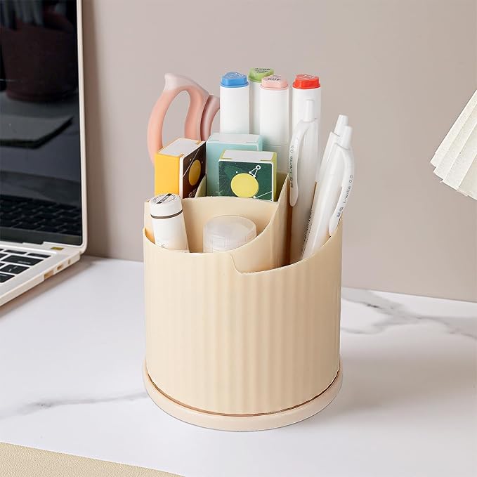 Anyoifax 360 Rotating Makeup Brush Holder Organizer 5 Slots Make Up Brushes Cup Flower-Shaped Spinning Pen Holder for Vanity, Cosmetics, Lipsticks, Beige