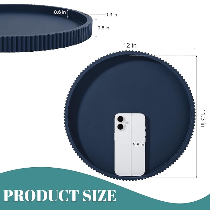 Silicone Bathroom Tray Round Kitchen Counter Organizer Decorative Vanity Accessories Coffee Table Decor for Perfume, Candle, Soap Dish, 12 Inch, Dark Blue