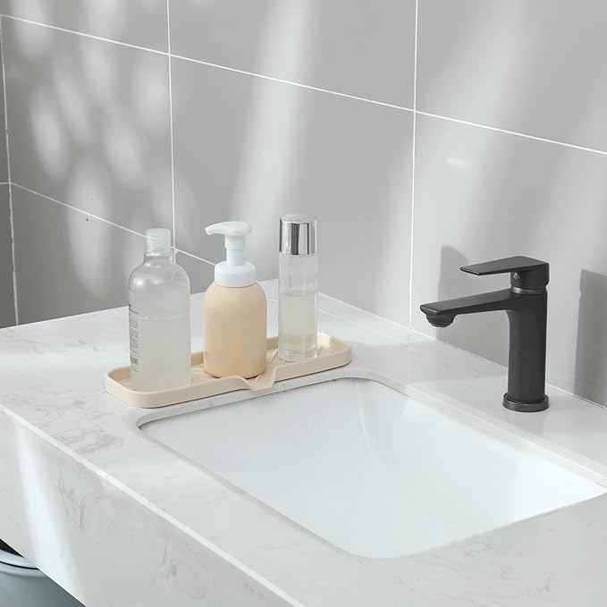 MicoYang Silicone Bathroom Soap Dishes with Drain Spout-Bathroom and Kitchen Sink Organizer,Sponge Holder,Dish Soap Tray,Perfect for Dispenser,Scrubber,Bottle,Cup on Sink or Counter-Tapioca 12"×4"