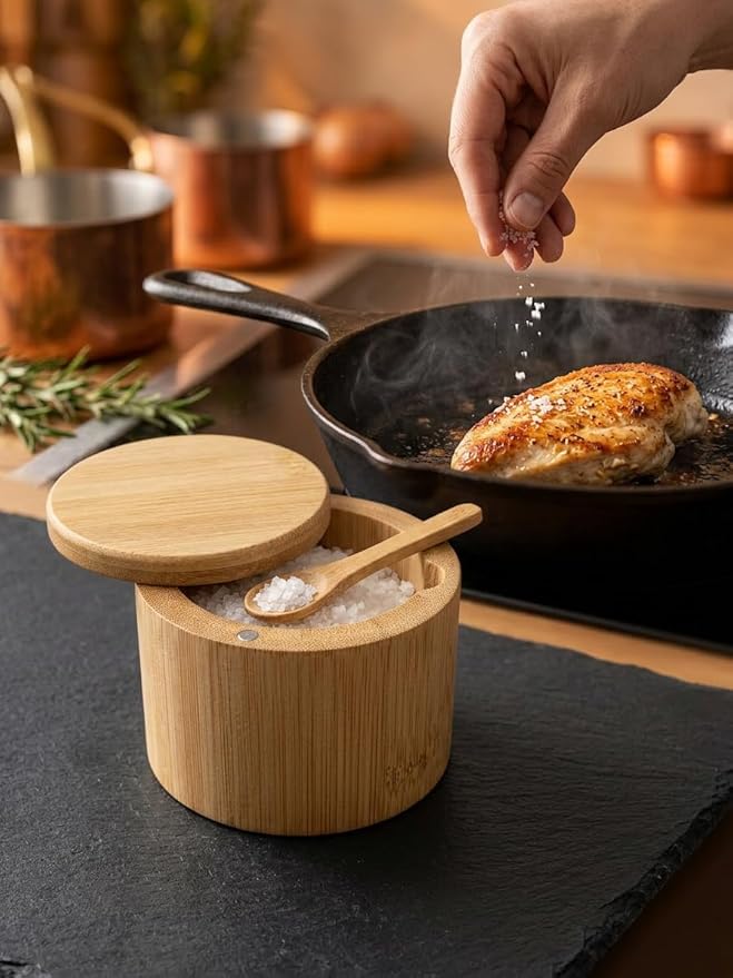 Salt Cellar with Magnetic Swivel Lid and Spoon – Bamboo Salt Box for Countertop, 6 oz Wooden Salt Container | Stores Sea Salt, Kosher Salt, Spices, Pepper & Sugar | Housewarming Gift for Home Cooks
