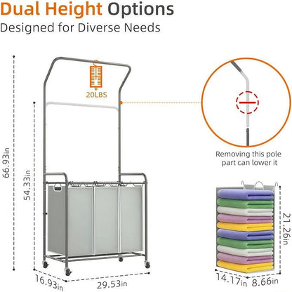ROMOON Laundry Sorter Hamper with Hanging Bar, 3 Section Rolling Laundry Cart with Clothes Rack & Heavy-Duty Lockable Wheels, Divided Laundry Basket Organizer for Apartment & Small Spaces (135L Grey)