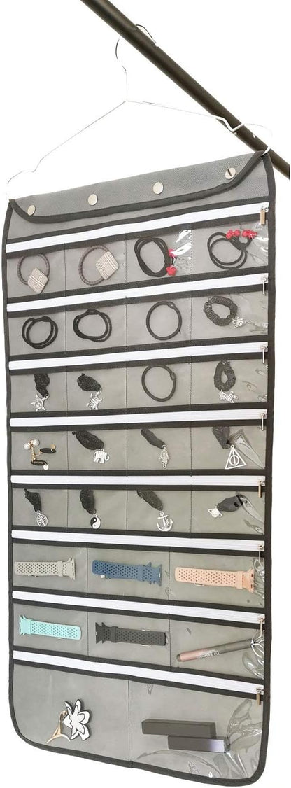 Dual Sided Hanging Jewelry Organizer with Hanger for Closet Necklace Earrings Bracelet Ring Travel Holder (56 Zippered Clear Pockets Grey)