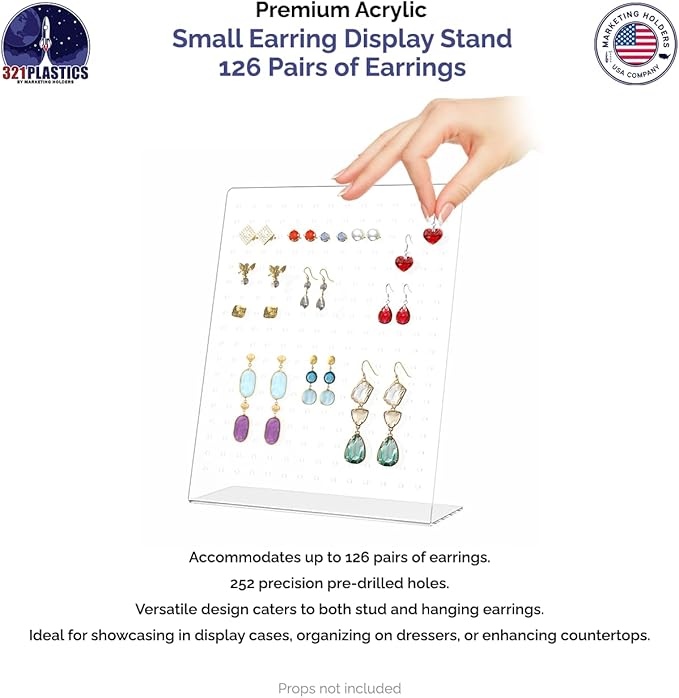 Marketing Holders Earring Display Stand 126 Earrings Holder Clear Acrylic Slant Back Holds Studs Dangling Earrings for Accessory Outlets Secondhand Shops Fashion Boutiques