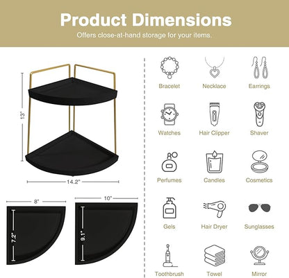 Forbena Black and Gold Corner Bathroom Counter Organizer, Modern Kitchen Countertop Shelf Organizer for Sink, Two Tier Makeup Vanity Storage Holder Tray for Table Top Skincare Perfume Decor