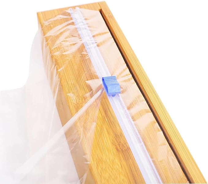 BigKing Wooden Plastic Wrap Dispenser with Cutter - Aluminum Foil Holder, Wax Paper Storage Box for Refrigerator, Kitchen Bamboo Organizer, Compatible with 13" Roll
