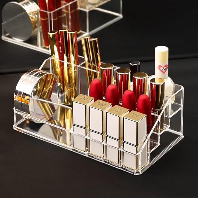 Acrylic Makeup Organizer Cosmetic Storage Makeup Display Case Makeup Brush Holder Lipstick Dispenser Canister Bathroom Container (8.7x 5 x 3.2 in, 16 Partitions, Transparent)