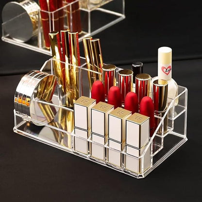 Acrylic Makeup Organizer Cosmetic Storage Makeup Display Case Makeup Brush Holder Lipstick Dispenser Canister Bathroom Container (8.7x 5 x 3.2 in, 16 Partitions, Transparent)