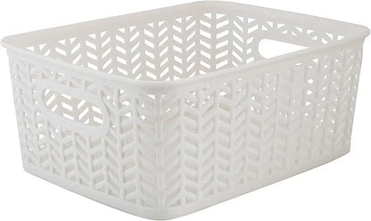 Simplify 3 Pack Small Herringbone Storage Basket | Dimensions: 10"x8"x4" | Light Weight | Two Open Handles | White | Organization | Many Uses | Kitchen Storage | Bathroom Storage |