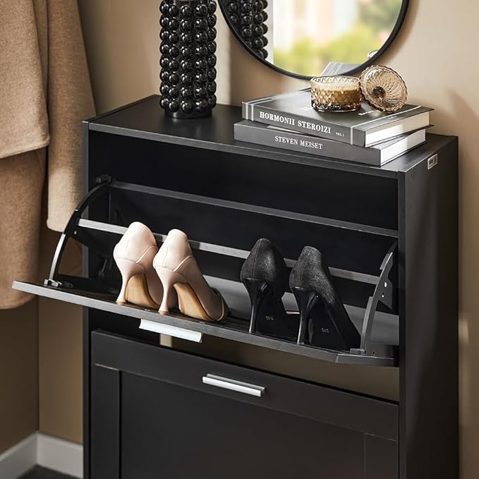 Haotian Shoe Cabinet Storage for Entryway, Narrow Shoe Cabinet with Two Flip Drawers to Save Space, Shoe Rack Cabinet for Front Door Entrance Hallway (Black)