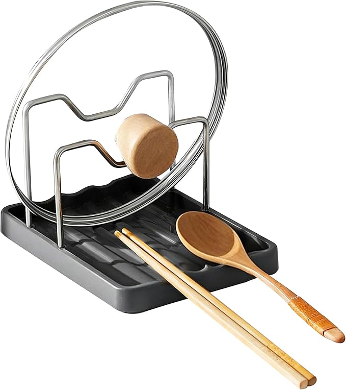 Pot Lid Holder and Spoon Rest, 2-in-1 Kitchen Counter Organizer with Stainless Steel Lid Holder While Cooking and Plastic Utensil Rest, Space Saving Pot Cover Rack for Stovetop and Countertop (Black)