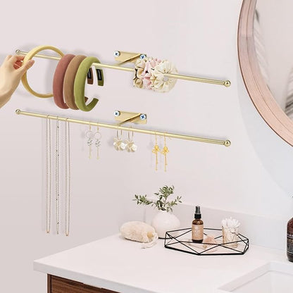 2 Pack Wall Jewelry Organizer, 14.5'' Necklace Holder for Hanging Earring, Ring, Bracelet, Hairband, Glasses Storage, Decorative Space-Saving Jewelry Display-Gold