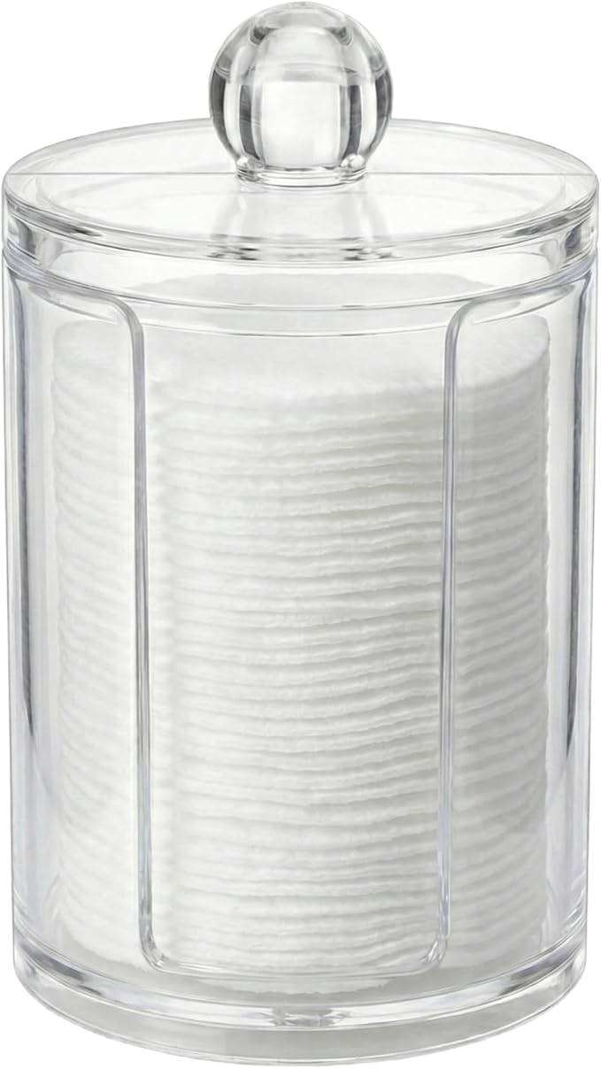 10oz Clear Plastic Cotton Round Holder Organizer - Shatterproof Vertical Cotton Pad Dispenser Canister with Lid for Bathroom Vanity Storage, Apothecary Jar for Face Cleaning Pads & Skincare