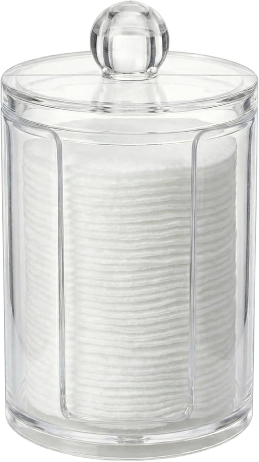 10oz Clear Plastic Cotton Round Holder Organizer - Shatterproof Vertical Cotton Pad Dispenser Canister with Lid for Bathroom Vanity Storage, Apothecary Jar for Face Cleaning Pads & Skincare