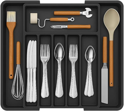 Vallary Expandable Silverware Drawer Organizer – Large BPA-Free Utensil Tray for Kitchen | Adjustable Cutlery Holder for Spoons, Forks, Knives | Plastic Flatware Storage, Black