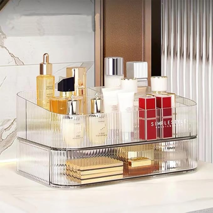 Makeup Organizer with Stackable Drawers, Bathroom Vanity Organizers and Storage, Ideal for Desk and Dresser Countertops, Great for Cosmetics, skincare, Lipsticks, Nail Care -Clear