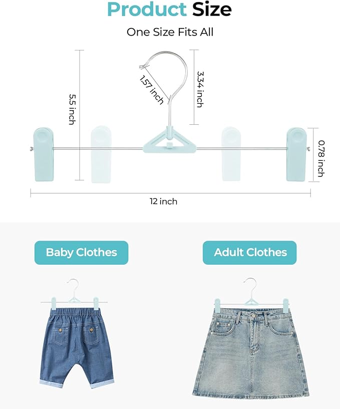 Pants Hangers with Clips 30 Pack, Stackable Space-Saving Skirt Hangers with Adjustable Non-Slip Clips, 360° Swivel Hook, Closet Organizer for Pants, Shorts, Jeans, Blue