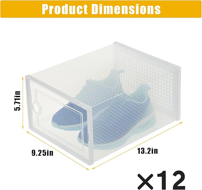 Garvee 12 PCS Transparent Plastic Foldable Shoe Boxes, Stackable Shoe Storage Organizers with Lids for Closet