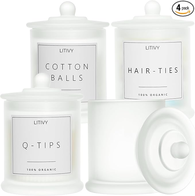LITIVY 4 Pack Bathroom Organizers and Storage - 16 Oz Glass Qtip Holder & Cotton Pad Dispenser with Lid, Apothecary Jars for Home, Room Decor, Kitchen Organizer (Frosted White)