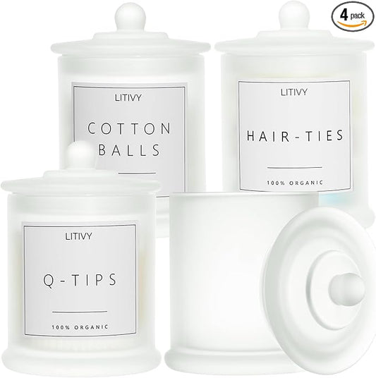 LITIVY 4 Pack Bathroom Organizers and Storage - 16 Oz Glass Qtip Holder & Cotton Pad Dispenser with Lid, Apothecary Jars for Home, Room Decor, Kitchen Organizer (Frosted White)