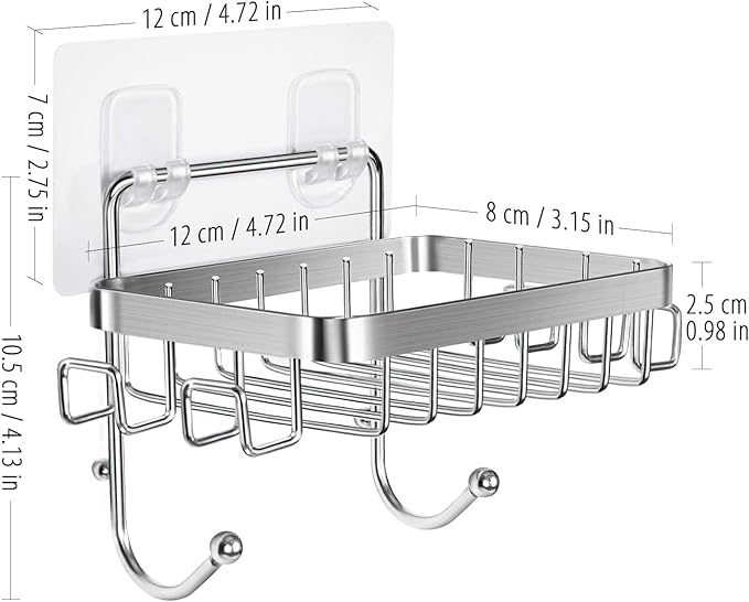 ODesign Soap Dish Holder SUS304 Stainless Steel with 6 Hooks Loofah Bath Sponge Towel Razor Holder for Bathroom Shower Kitchen Adhesive Wall Mounted No Drilling-Silver-2 Pack