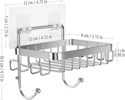 ODesign Soap Dish Holder SUS304 Stainless Steel with 6 Hooks Loofah Bath Sponge Towel Razor Holder for Bathroom Shower Kitchen Adhesive Wall Mounted No Drilling-Silver-2 Pack