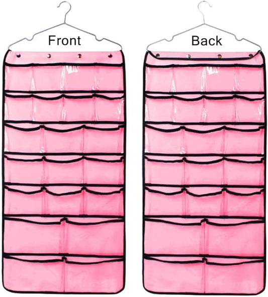 Hanging Organizer Bag, Dual-Sided Space Saving Storage Holder with for Stockings Socks Underwear Jewelry Ties (42-Pockets) (Pink)