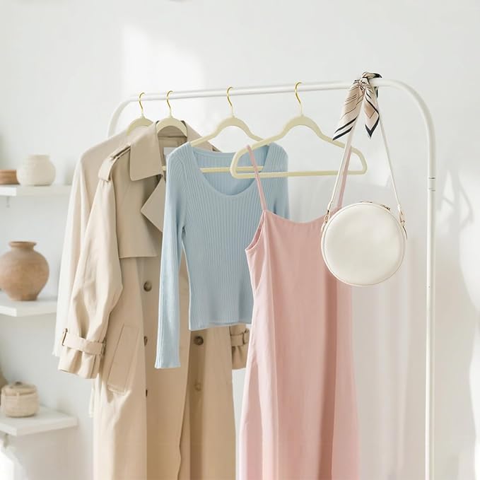 ManGotree Velvet Coat Hangers with 360° Swivel Gold Hook, Non-Slip Felt Suit Hangers, Ultra-Thin Space Saving Clothes Hanger for Jacket, Sweater, Shirt, Dress, Pants (66 Pack, Beige)