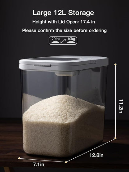LivLab Mker 20-25 lbs Rice Dispenser with measuring spoon - 11.4Qt/12L Large Airtight Food Storage Rice Container for Cereal, Flour - BPA-Free PET, Slim Space-Saving