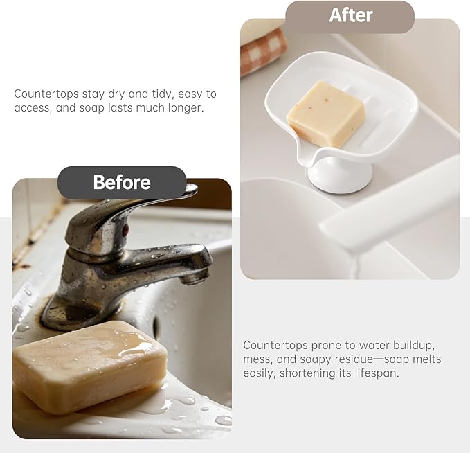 PAVSTINE Self-Draining Soap Dish with Suction Cup, Stand Bar Soap Holder, No Drill Removable Sponge Tray for Shower, Bathroom, Kitchen Sink, Easy to Clean & Keeps Dry, White