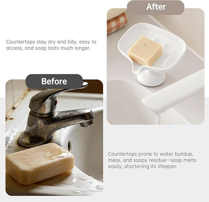 PAVSTINE Self-Draining Soap Dish with Suction Cup, Stand Bar Soap Holder, No Drill Removable Sponge Tray for Shower, Bathroom, Kitchen Sink, Easy to Clean & Keeps Dry, White
