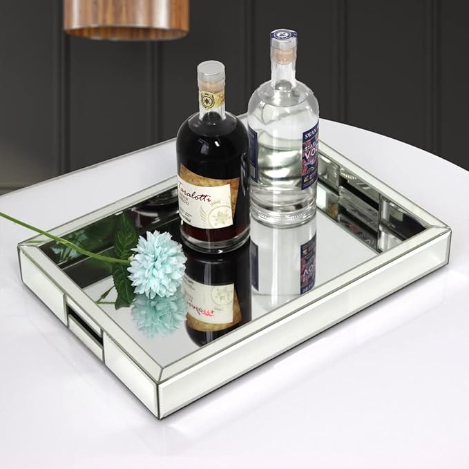 Rectangle Silver Mirror Decorative Tray Size 11” Length x 14” Width x 2” Height, Mirrored Vanity Organizer with Hand, Markup Perfume Jewelry Tray for Bathroom Bedroom Dresser Coffee Table qmdecor
