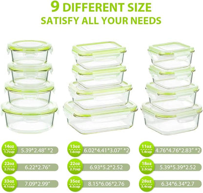 Bayco Glass Food Storage Containers with Lids, [24 Piece] Glass Meal Prep Containers, Airtight Bento Boxes, Leak Proof (12 lids & 12 Containers) - Green