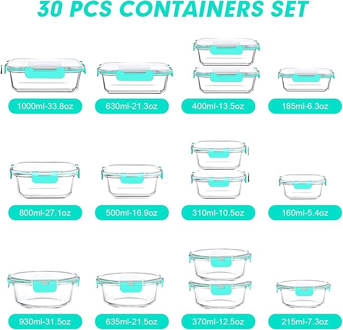 VERONES 30 Pieces Glass Meal Prep Containers Set, Stackable Glass Food Storage Containers with Lids-Airtight Lunch Containers，for Microwave, Oven, Freezer & Dishwasher,Green