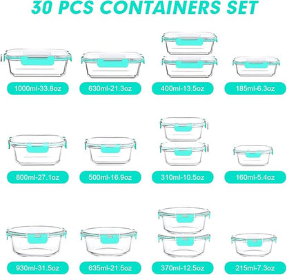 VERONES 30 Pieces Glass Meal Prep Containers Set, Stackable Glass Food Storage Containers with Lids-Airtight Lunch Containers，for Microwave, Oven, Freezer & Dishwasher,Green