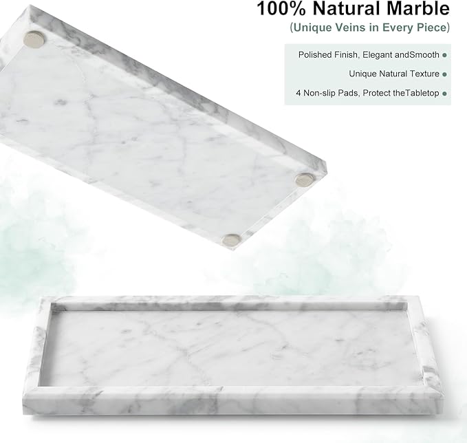 Natural Marble Vanity Tray, Luxury Stone Organizer for Bathroom & Kitchen Counter | Holds Soap Dispenser, Jewelry, Perfume | Non-Resin, Non-Ceramic Décor