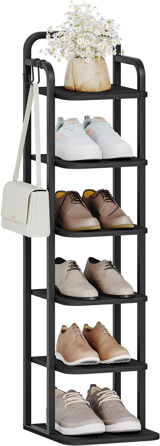 Hzuaneri Vertical Shoe Rack, Shoe Shelves, Wood Shoe Organizer for Closet, Entryway, Shoe Tower for Small Spaces, Free Standing, Adjustable, with 2 Hooks, 6 Tier Black SR04204B