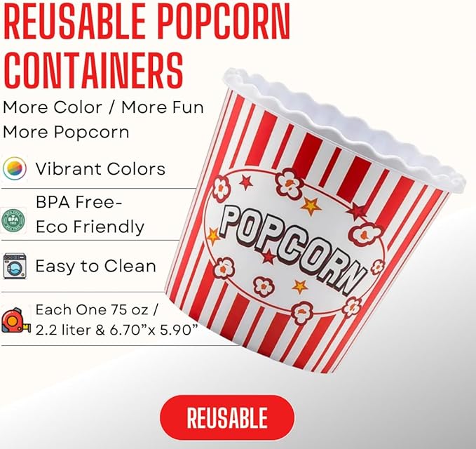 Modern Style Reusable Plastic Popcorn Containers / Popcorn Bowls Set for Movie Theater Night - Washable in the Dishwasher - (BPA Free-4 Pack) (Color: Yellow, Brown, Red/White and Blue Popcorn Boxes)