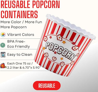 Modern Style Reusable Plastic Popcorn Containers / Popcorn Bowls Set for Movie Theater Night - Washable in the Dishwasher - (BPA Free-4 Pack) (Color: Yellow, Brown, Red/White and Blue Popcorn Boxes)