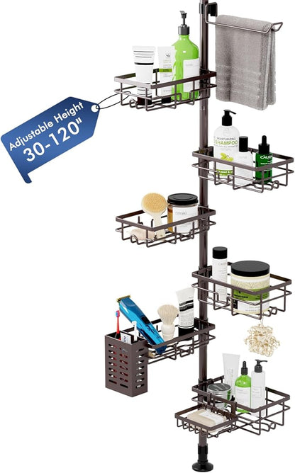 Vatex Corner Shower Caddy Tension Pole,Adjustable 30-120 Inch Bathroom Organizer Storage,Rustproof 6-Tier Shower Corner Shelves,Towel Rack, Toothbrush Holder, Soap Dish Organizers